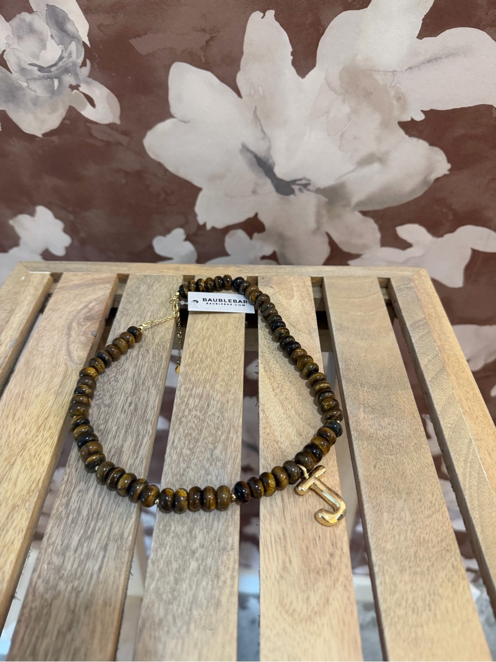 BaubleBar NWT Semi-Precious Bubble Initial Necklace with Gold 'J' in Tiger’s Eye - Picture 2 of 7